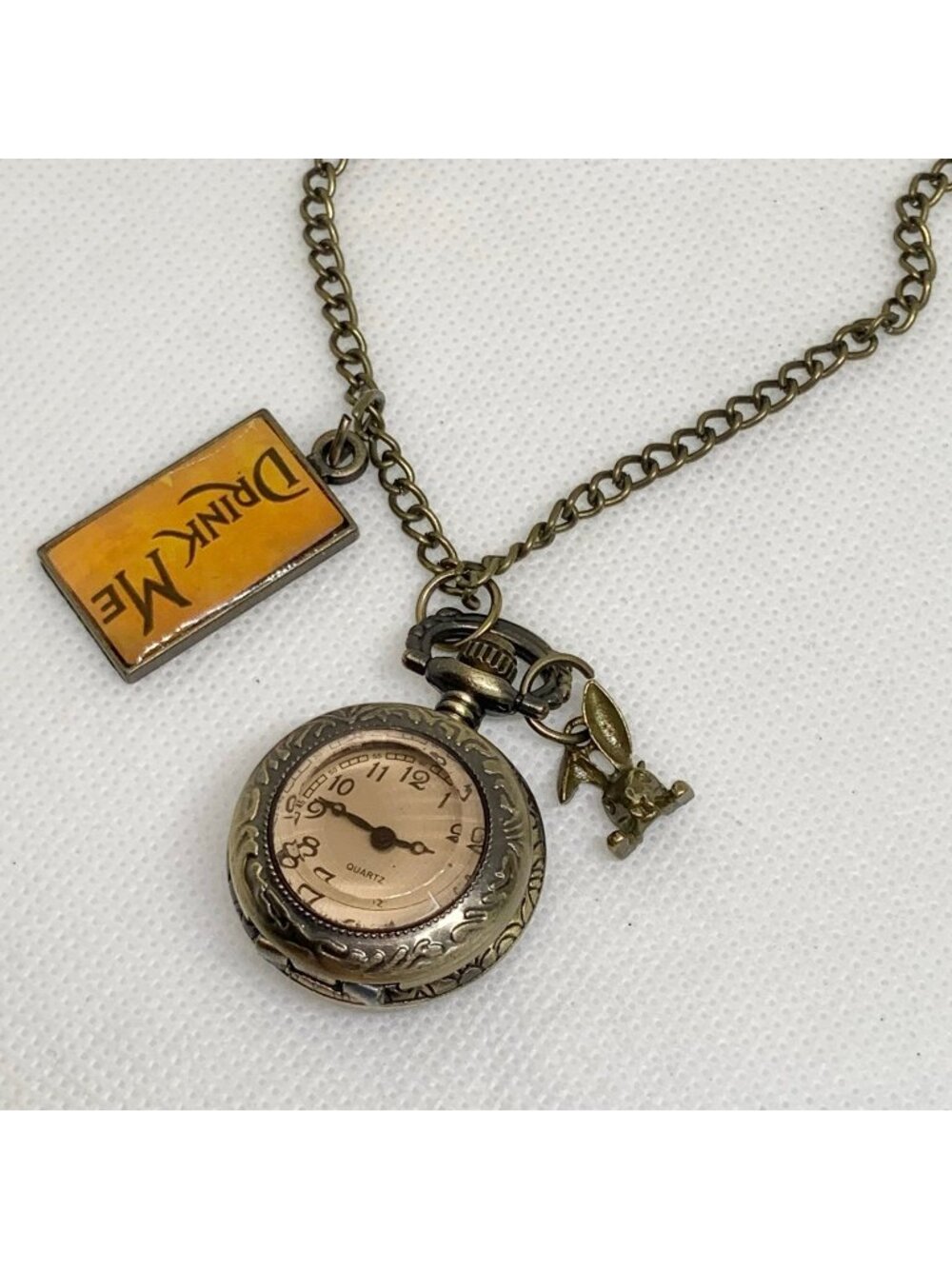 Vintage drink me Rabbit Tag Quartz Pocket Watch Necklace Pendant bronze running